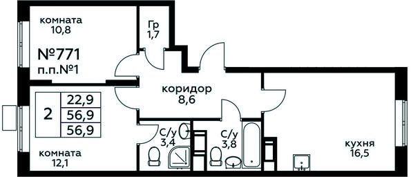 1-BD Apartment Sale, 56.9平方米 at Tsvetochnye Poliany, kvartal № 23, Filimonkovskoye Municipal Formation, Moscow, Russia #4