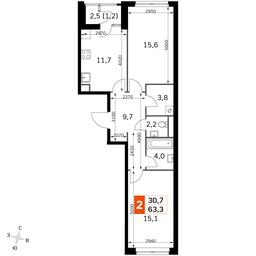 2-BD Apartment Sale, 63.3平方米 at Sky Garden, Stroitelny Drive, 9с6, Moscow, Russia #4