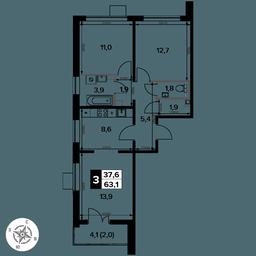 3-BD Apartment Sale, 63.1 sq. m. at Pervy Donskoj, zhiloy mikrorayon Sapronovo, derevnya Sapronovo, Leninskiy City District, Moscow Region, Russia #4