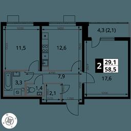 2-BD Apartment Sale, 58.5平方米 at Pervy Yuzhny, zhiloy kompleks Pervy Yuzhny, Leninskiy City District, Moscow Region, Russia #4