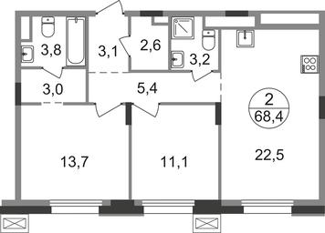 2-BD Apartment Sale, 68.4 sq. m. at Rezidentsii Skolkovo, Kashtanovaya ulitsa, 1, rabochiy posyolok Zarechye, Odintsovskiy City District, Moscow Region, Russia #2