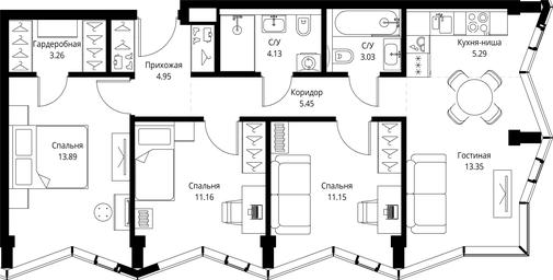 3-BD Apartment Sale, 75.66平方米 at MIRA, Mira Avenue, Moscow, Russia #4