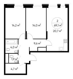 2-BD Apartment Sale, 69.1平方米 at Pervyi Moskovskiy, ulitsa Bianki, 1, Moskovskiy, Moscow, Russia #2