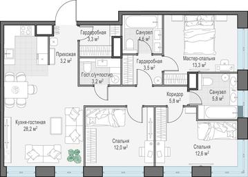 2-BD Apartment Sale, 95.8平方米 at West Garden, Minskaya Street, 1Вс1, Moscow, Russia #3