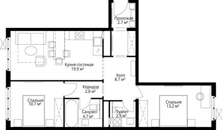2-BD Apartment Sale, 65.6 sq. m. at Eko Vidnoe 2.0, kvartal Tsentralny, 1, Kupelinka Subdistrict, derevnya Sapronovo, Leninskiy City District, Moscow Region, Russia #4