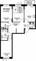 2-BD Apartment Sale, 75.1平方米 at Tsvetochnye Poliany, kvartal № 23, Filimonkovskoye Municipal Formation, Moscow, Russia #3