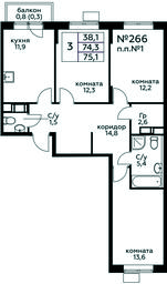 2-BD Apartment Sale, 75.1平方米 at Tsvetochnye Poliany, kvartal № 23, Filimonkovskoye Municipal Formation, Moscow, Russia #4