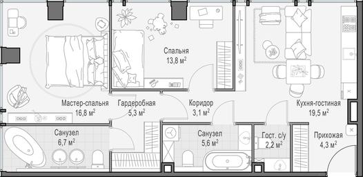 1-BD Apartment Sale, 77.6 sq. m. at Life Time, Sergeya Makeyeva Street, вл11/9с1-10, Moscow, Russia #3