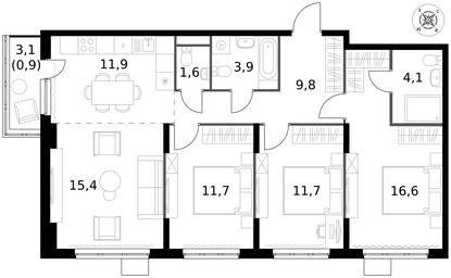 4-BD Apartment Sale, 87.6平方米 at Pervy Donskoj, zhiloy mikrorayon Sapronovo, derevnya Sapronovo, Leninskiy City District, Moscow Region, Russia #3
