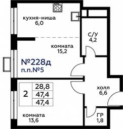 1-BD Apartment Sale, 47.3平方米 at Veresk, 3rd Khoroshyovskaya Street, вл19с3к1, Moscow, Russia #2