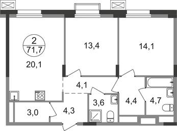 2-BD Apartment Sale, 71.7平方米 at Rezidentsii Skolkovo, Kashtanovaya ulitsa, 1, rabochiy posyolok Zarechye, Odintsovskiy City District, Moscow Region, Russia #2