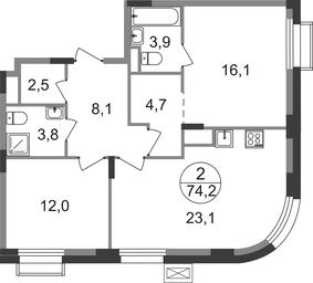 2-BD Apartment Sale, 74.2 sq. m. at Rezidentsii Skolkovo, Kashtanovaya ulitsa, 1, rabochiy posyolok Zarechye, Odintsovskiy City District, Moscow Region, Russia #2