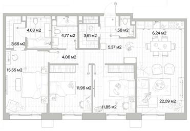 3-BD Apartment Sale, 95.37 sq. m. at Mys, derevnya Likino, Odintsovskiy Urban District, Moscow Region, Russia #4