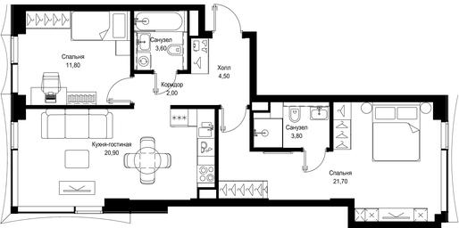 2-BD Apartment Sale, 68.3 sq. m. at Multikvartal CITYZEN, Vishnyovaya Street, Moscow, Russia #3