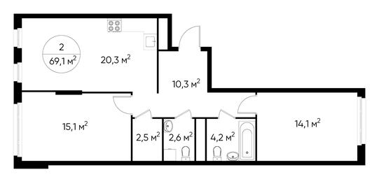 2-BD Apartment Sale, 69.1 sq. m. at Peredelkino Blizhnee, Korneya Chukovskogo Street, 1, Vnukovskoye Settlement, Moscow, Russia #2