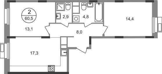 2-BD Apartment Sale, 60.5 sq. m. at Rezidentsii Skolkovo, Kashtanovaya ulitsa, 1, rabochiy posyolok Zarechye, Odintsovskiy City District, Moscow Region, Russia #2