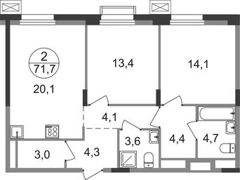 2-BD Apartment Sale, 71.7平方米 at Rezidentsii Skolkovo, Kashtanovaya ulitsa, 1, rabochiy posyolok Zarechye, Odintsovskiy City District, Moscow Region, Russia #2