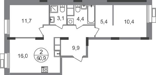 2-BD Apartment Sale, 60.9 sq. m. at Rezidentsii Skolkovo, Kashtanovaya ulitsa, 1, rabochiy posyolok Zarechye, Odintsovskiy City District, Moscow Region, Russia #2