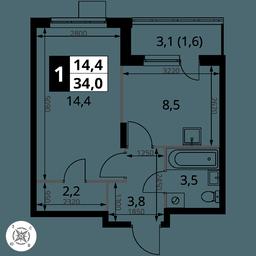 1-BD Apartment Sale, 34平方米 at Pervy Donskoj, zhiloy mikrorayon Sapronovo, derevnya Sapronovo, Leninskiy City District, Moscow Region, Russia #2