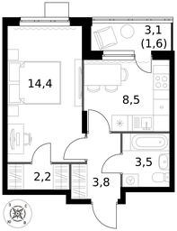 1-BD Apartment Sale, 34平方米 at Pervy Donskoj, zhiloy mikrorayon Sapronovo, derevnya Sapronovo, Leninskiy City District, Moscow Region, Russia #3