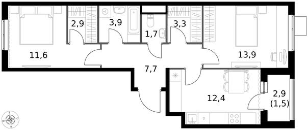 2-BD Apartment Sale, 58.9平方米 at 1 Izmajlovskij, Montazhnaya Street, 8с13, Moscow, Russia #4