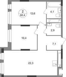 2-BD Apartment Sale, 60.4平方米 at Pervyi Moskovskiy, ulitsa Bianki, 1, Moskovskiy, Moscow, Russia #2