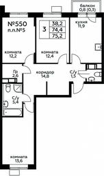 2-BD Apartment Sale, 75.2平方米 at Tsvetochnye Poliany, kvartal № 23, Filimonkovskoye Municipal Formation, Moscow, Russia #3