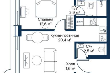 1-BD Apartment Sale, 39.51平方米 at City Bay, Volokolamskoye Highway, 95с3, Moscow, Russia #2