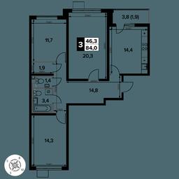 3-BD Apartment Sale, 84.3 sq. m. at Pervy Donskoj, zhiloy mikrorayon Sapronovo, derevnya Sapronovo, Leninskiy City District, Moscow Region, Russia #2