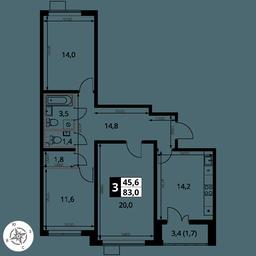 3-BD Apartment Sale, 83平方米 at Pervy Yuzhny, zhiloy kompleks Pervy Yuzhny, Leninskiy City District, Moscow Region, Russia #4