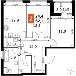 2-BD Apartment Sale, 62.1平方米 at Sky Garden, Stroitelny Drive, 9с6, Moscow, Russia #4