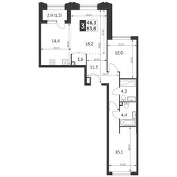 3-BD Apartment Sale, 83.8平方米 at Rezhisser, Vilgelma Pika Street, 3, Moscow, Russia #2