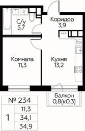 Apartment Sale, 34.9平方米 at Tsvetochnye Poliany, kvartal № 23, Filimonkovskoye Municipal Formation, Moscow, Russia #4