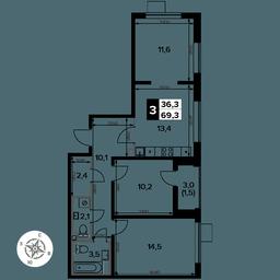 3-BD Apartment Sale, 69.3 sq. m. at Pervy Donskoj, zhiloy mikrorayon Sapronovo, derevnya Sapronovo, Leninskiy City District, Moscow Region, Russia #2