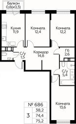 2-BD Apartment Sale, 75.2平方米 at Tsvetochnye Poliany, kvartal № 23, Filimonkovskoye Municipal Formation, Moscow, Russia #2 2-BD Apartment Sale, 75.2平方米 at Tsvetochnye Poliany, kvartal № 23, Filimonkovskoye Municipal Formation, Moscow, Russia #2