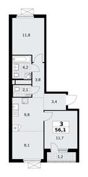 2-BD Apartment Sale, 56.1平方米 at Prokshino, Prokshino Residential Complex, Sosenskoye Settlement, Moscow, Russia #4