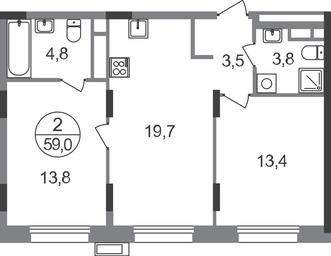 2-BD Apartment Sale, 59平方米 at Rezidentsii Skolkovo, Kashtanovaya ulitsa, 1, rabochiy posyolok Zarechye, Odintsovskiy City District, Moscow Region, Russia #2