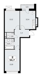 1-BD Apartment Sale, 54.7平方米 at Rodniye Kvartaly, Kvartal № 33, Marushkinskoye Settlement, Moscow, Russia #4