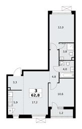 2-BD Apartment Sale, 62.8平方米 at Rodniye Kvartaly, Kvartal № 33, Marushkinskoye Settlement, Moscow, Russia #4