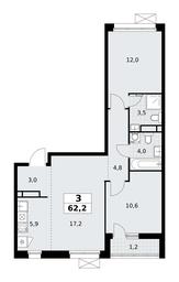 2-BD Apartment Sale, 62.2平方米 at Rodniye Kvartaly, Kvartal № 33, Marushkinskoye Settlement, Moscow, Russia #4