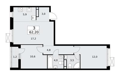 2-BD Apartment Sale, 62.2平方米 at Rodniye Kvartaly, Kvartal № 33, Marushkinskoye Settlement, Moscow, Russia #2