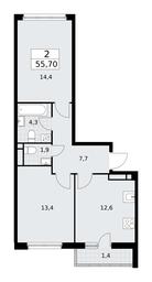 1-BD Apartment Sale, 55.7平方米 at Rodniye Kvartaly, Kvartal № 33, Marushkinskoye Settlement, Moscow, Russia #2