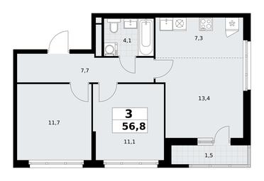2-BD Apartment Sale, 56.8平方米 at Rodniye Kvartaly, Kvartal № 33, Marushkinskoye Settlement, Moscow, Russia #2