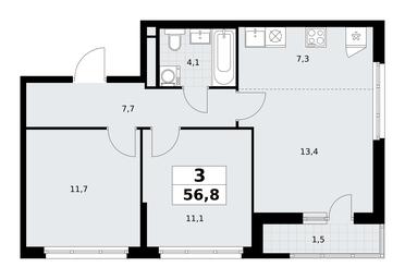 2-BD Apartment Sale, 56.8平方米 at Rodniye Kvartaly, Kvartal № 33, Marushkinskoye Settlement, Moscow, Russia #3