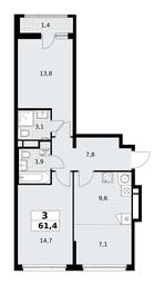 2-BD Apartment Sale, 61.4平方米 at Rodniye Kvartaly, Kvartal № 33, Marushkinskoye Settlement, Moscow, Russia #2