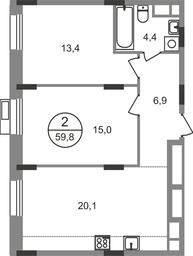 2-BD Apartment Sale, 59.8平方米 at Rezidentsii Skolkovo, Kashtanovaya ulitsa, 1, rabochiy posyolok Zarechye, Odintsovskiy City District, Moscow Region, Russia #4