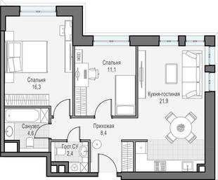 1-BD Apartment Sale, 64.5平方米 at Dostizhenie, Akademika Korolyova Street, 21, Moscow, Russia #2